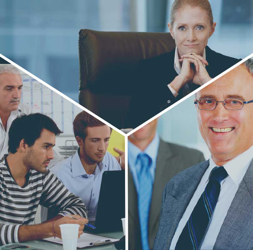 a collage of three photos depicting business professionals and 401K advisors; young and old, male and female